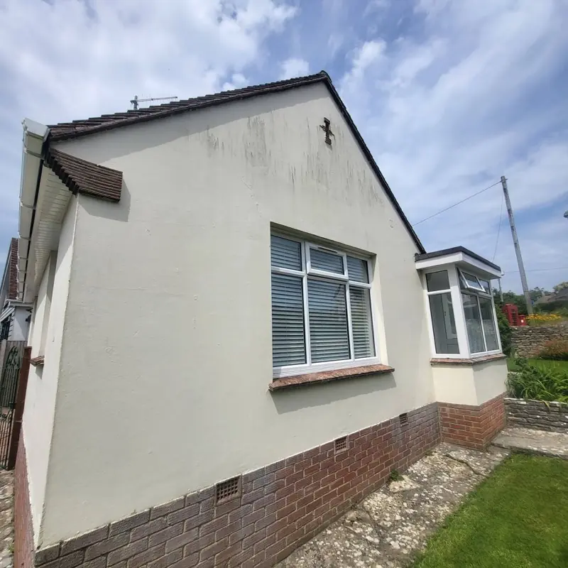 Bungalow gable end with dark algae streaks running down the render before softwashing